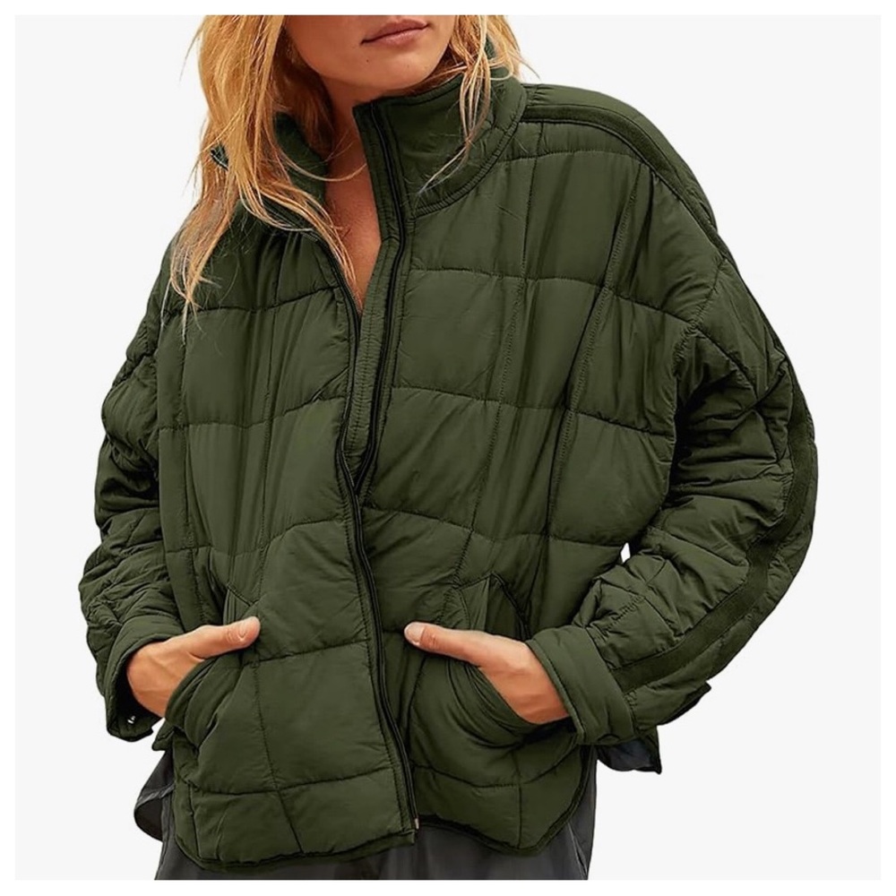 Lightweight Long Sleeve Full Zipper Oversized Puffer Jacket in ARMY GREEN LARGE
